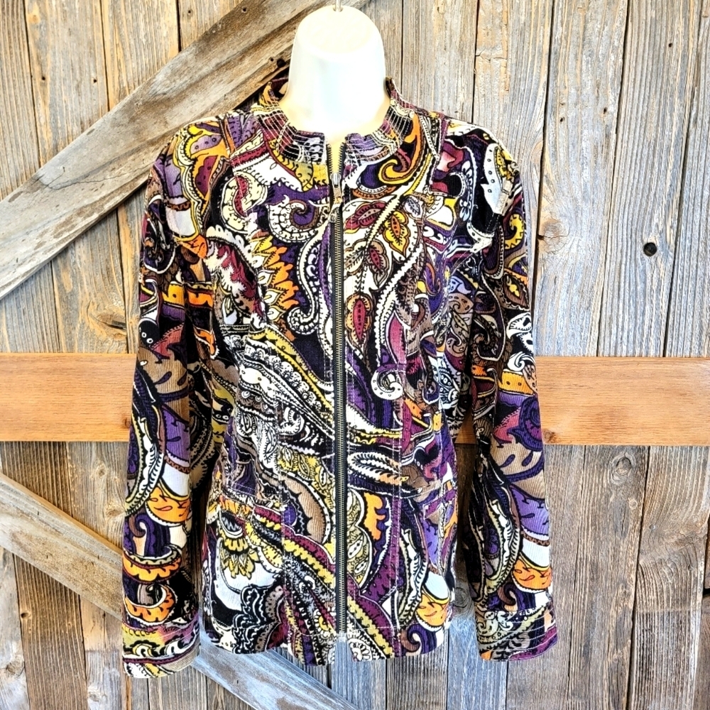 Chico's Corduroy Paisley Jacket 2 L Zip Front Purple White Green Multi Color